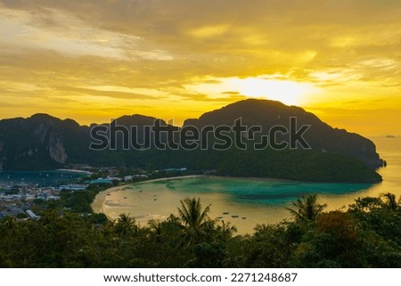 View point of Phi Phi Island at sunset time, Krabi Province, Thailand. Travel vacation background.