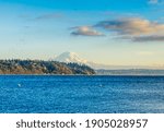 A view of a point with trees and Mount Rainier in Burien, Washington.