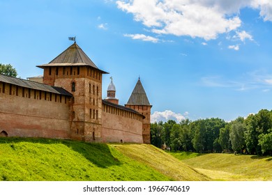 View of the Pokrovskaya Tower and the Kremlin wall of Veliky Novgorod from the entrance gate.  - Shutterstock ID 1966740619