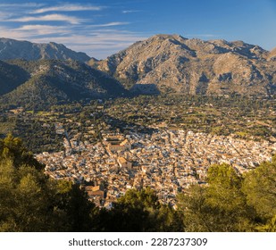 The view of Pollenca town close to sunset from the top of puig Maria Majorca Spain