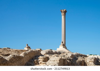 View of Pompey's Column with blue sky in the Serapeum of Alexandria, Egypt	
 - Shutterstock ID 2112749813