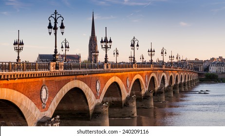 View Of The Pont De Pierre At Sunset In The Famous Winery Region Bordeaux, France