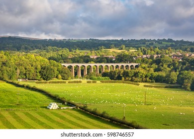 View of Pontcysyllte Aqueduct which carries Llangollen canal high above the River Dee.