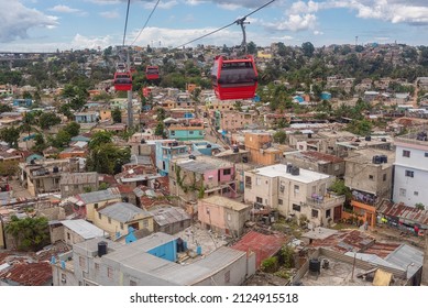 View of the poor neighborhoods of Santo Domingo from teleferico cable car, slum and poverty of the capital city of Dominican Republic, Caribbean travel
