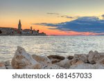 View of Porec skyline and sea at sunset, Istria. Croatia