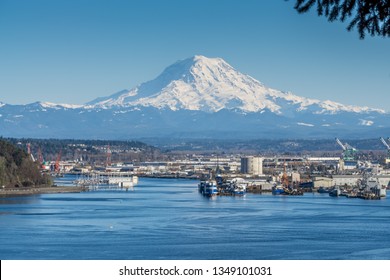 A View Of The Port Of Tacoma And Mount Rainier.