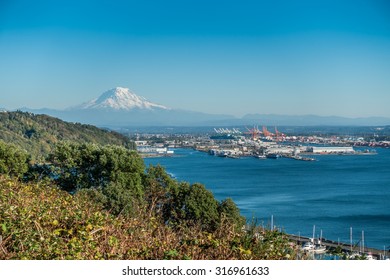 View Of The Port Of Tacoma And Mount Rainier.