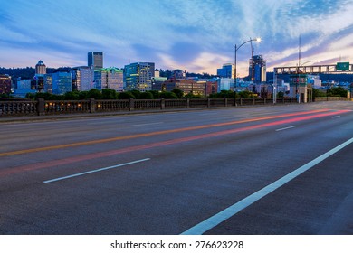 View Of Portland, Oregon Skyline From The Burnside Bridge