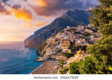 View of Positano with comfortable beach and blue sea on Amalfi Coast in Campania, Italy. Positano village on the Amalfi Coast, Salerno, Campania. Beautiful Positano, Amalfi Coast in Campania.
