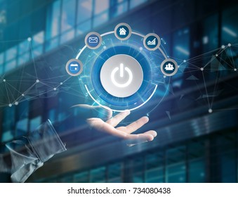 View of a Power button symbol with computer app displayed on a futuristic interface 