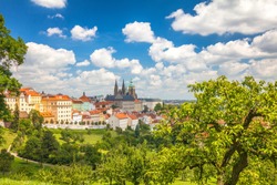 View Of Prague Castle From Park Under The Petrin Hill, Czech Republic, Europe.