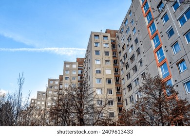 View of the Gazdagrét - prefabricated concrete block of flats building in Buda, district 11 - low angle view 
