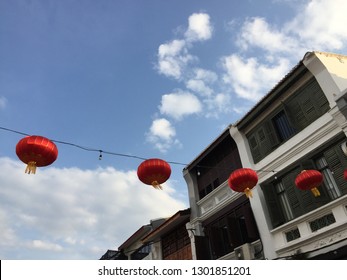 View Of Pre-war South East Asian Shop Houses With Red Lanterns During Chinese New Year Festival