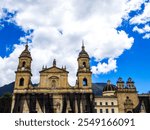 View of the Primatial Cathedral of Bogota in Bolivar Square. In Bogota, Colombia