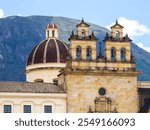 View of the Primatial Cathedral of Bogota in Bolivar Square. In Bogota, Colombia