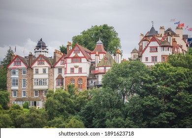 View from Princes Street Gardens of Ramsay Garden, a block of private apartment buildings in the Castlehill area of Edinburgh old town, Scotland.