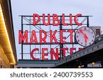 View of the public market sign in Seattle, WA.