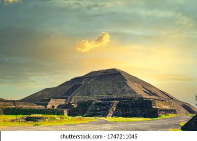 View of the pyramids of Teotihuacan, ancient city in Mexico, located in Valley of Mexico. Teotihuacan pyramids Moon and Sun -Aztecs. UNESCO world heritage