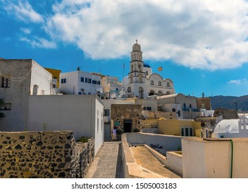 A View In Pyrgos, Santorini Leading Up To The Castle In Summertime