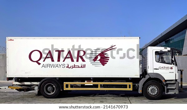 A view of Qatar Airways service truck at\
Airport in Doha, Qatar - 12th Mar\
2022