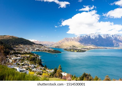 A view of Queenstown on a sunny spring day in New Zealand