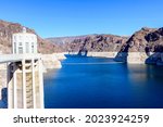 View of record low water level of Lake Mead, key reservoir along Colorado River, during severe drought in the American West from Hoover Dam