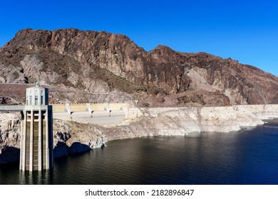 View of record low water level of Lake Mead, key reservoir along Colorado River, during severe drought in the American West from Hoover Dam.
