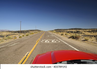 view from red car on famous Route 66 in Californian desert, USA