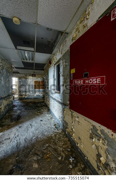 View Red Fire Hose Door Inside Stock Photo Edit Now 735515074