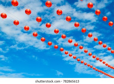 View of red lanterns with chinese words, good weather, prosperous country, and peaceful people and blue sky sun moon lake nantou county taiwan