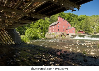 A view of the Red Mill from underneath the Main St. Bridge in Clinton, New Jersey. 