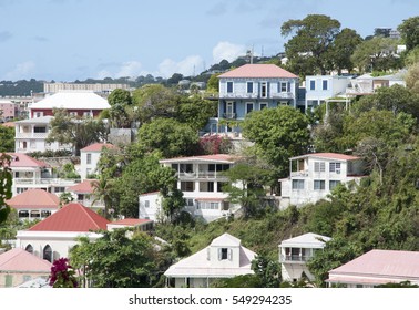 The view of red roof residential houses in Charlotte Amalie town on St. Thomas island (U.S. Virgin Islands).