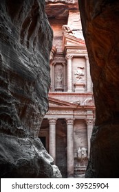 View of the red rose city of Petra from the siq, Treasury facade.