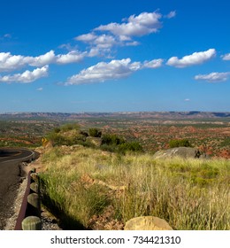 View of red-rock canyon country in the Texas Panhandle from a turnout on Scenic Hamblen Drive, TX Hwy 207 - Shutterstock ID 734421310
