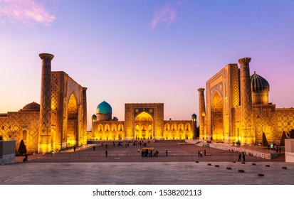 View of Registan square in Samarkand - the main square with Ulugbek madrasah, Sherdor madrasah and Tillya-Kari madrasah at sunset. Uzbekistan