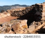 View of remains of antique fortified Iberian settlement at archaeological site of Puig Castellar, near Barcelona, Spain