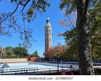 A view of the renovated Highbridge Water Tower and Highbridge Pool in the fall in Highbridge Park, Washington Heights, New York City