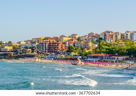 view of a residential area stretching around the shores of sozopol city in bulgaria is popular summer destination for tourists from whole europe.