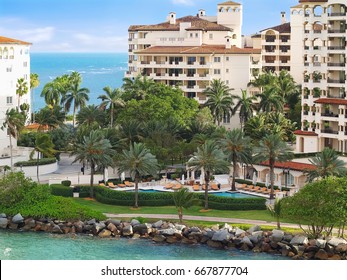 View of residential buildings in Fisher Island, Miami Beach.