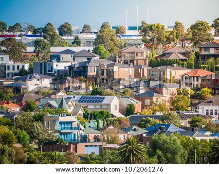 View of residential houses in Melbourne's suburb on a hill. City of Maribyrnong, VIC Australia.