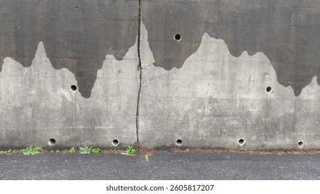 A view of the retaining wall of an elevated railway line wet with spring rain