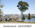 The view of Reversing Falls Bridge over St. John River in Saint John town (New Brunswick).