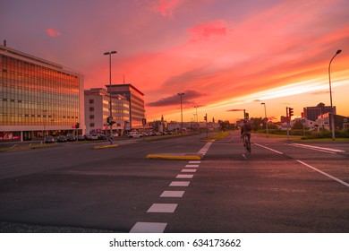 View of Reykjavik's downtown at sunset, summer