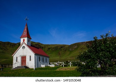 View Of Reyniskirkja Church,Vik, Vik Y Myrdal, Next To Reynisdrangar Rock Formation , Golden Circle Iceland