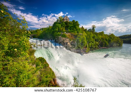 View to Rhine falls (Rheinfalls), the largest plain waterfall in Europe. It is located near Schaffhausen, between the cantons of Schaffhausen and Zurich