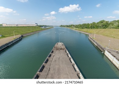 View Of The Rhine River Canal At Lock. Alsace, France.