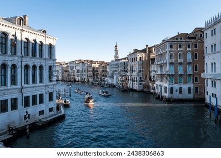 View from the Rialto Bridge of the Grand Canal, a prominent waterway in Venice, which serves as one of the primary routes for water traffic through the central districts.