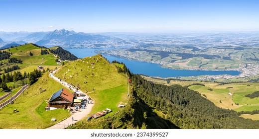 View from Rigi mountain on Swiss Alps, Lake Lucerne and Pilatus mountains panorama vacation in Switzerland
