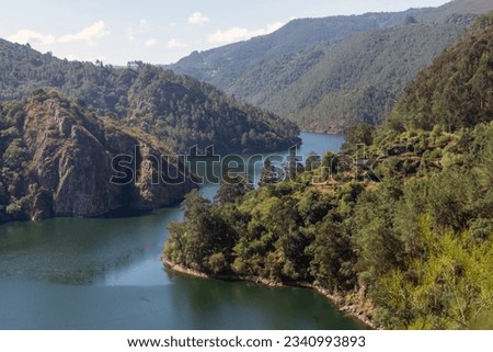 View of the Miño river canyon in the Ribeira Sacra. Chantada, Galicia, Spain.