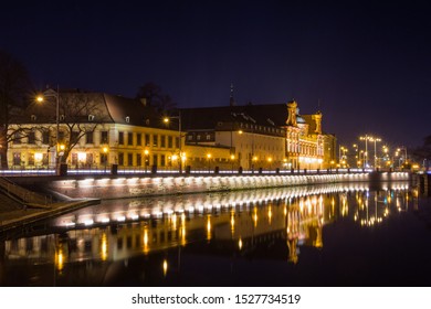 View of the river embankment in the city of Wroclaw at night. Poland